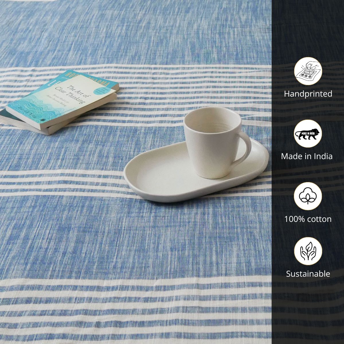 Blue and Off-white Cotton Handwoven Double Bed cover | Queen Size | Striped