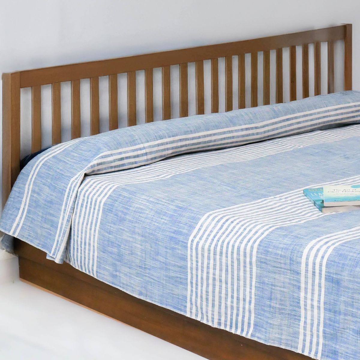 Blue and Off-white Cotton Handwoven Double Bed cover | Queen Size | Striped