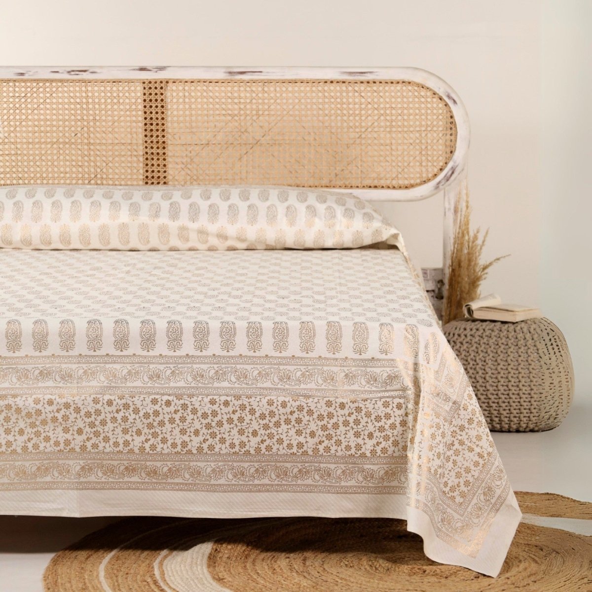 Gold & White Green Pure Cotton Bedcover | King Size | Handprinted