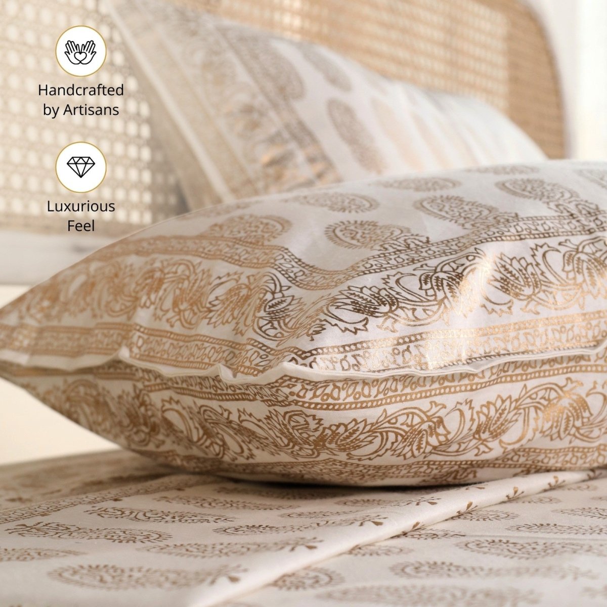 Gold & White Green Pure Cotton Bedcover | King Size | Handprinted