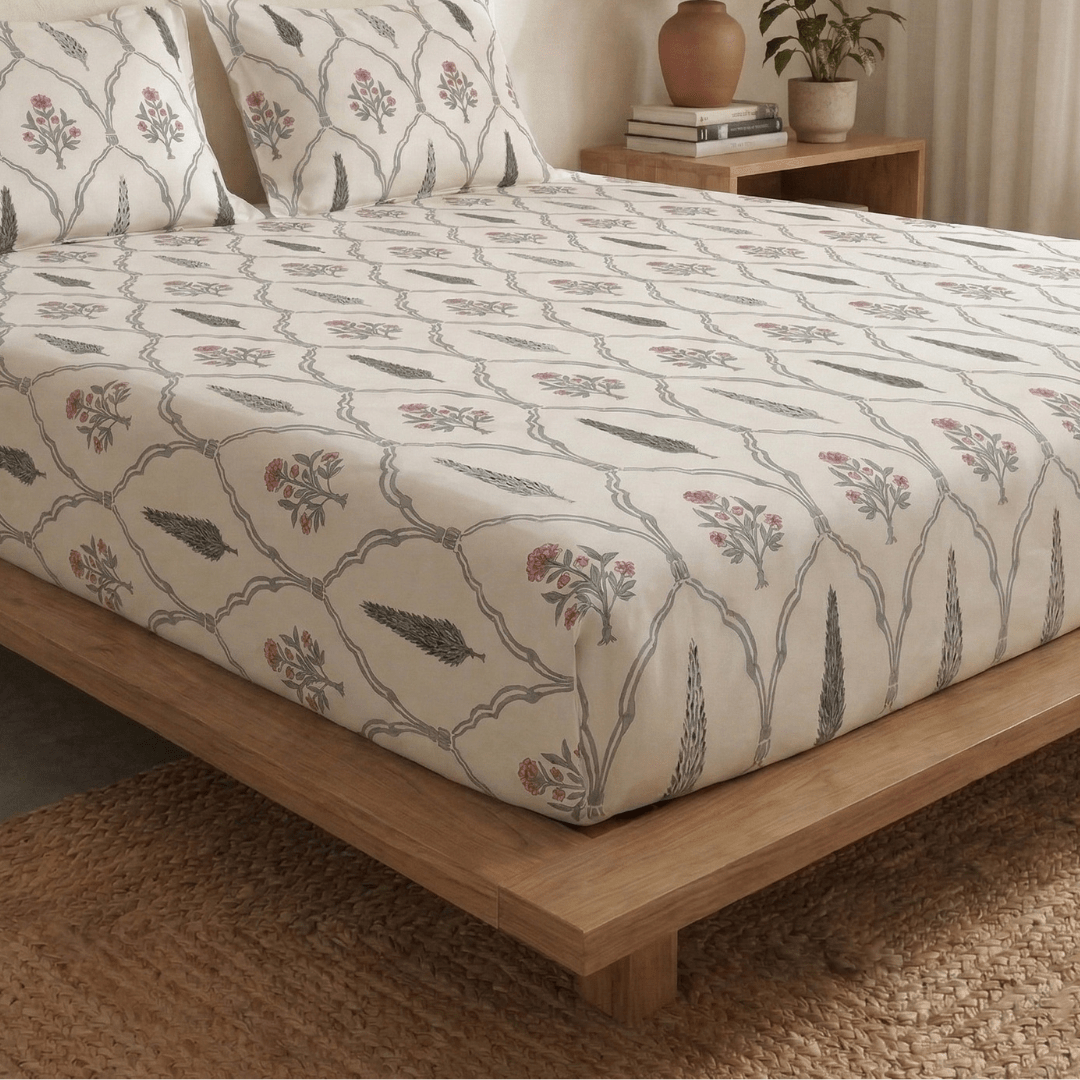 Cypress Pink Pure Cotton Double Bedsheet | Queen Size | Handprinted