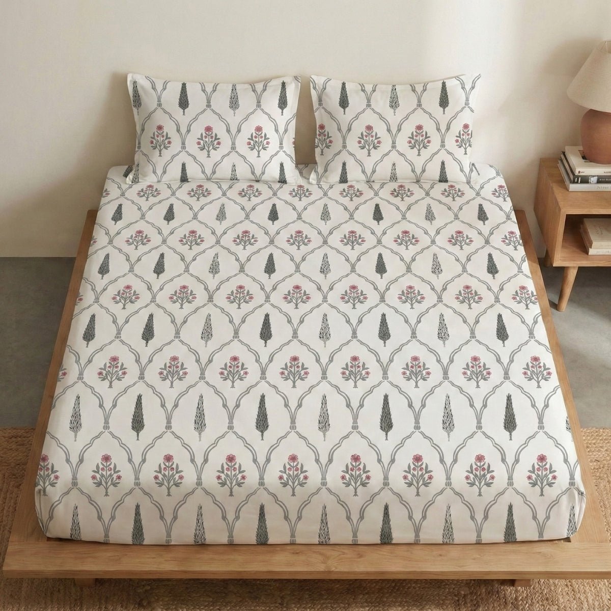 Cypress Pink Pure Cotton Double Bedsheet | Queen Size | Handprinted
