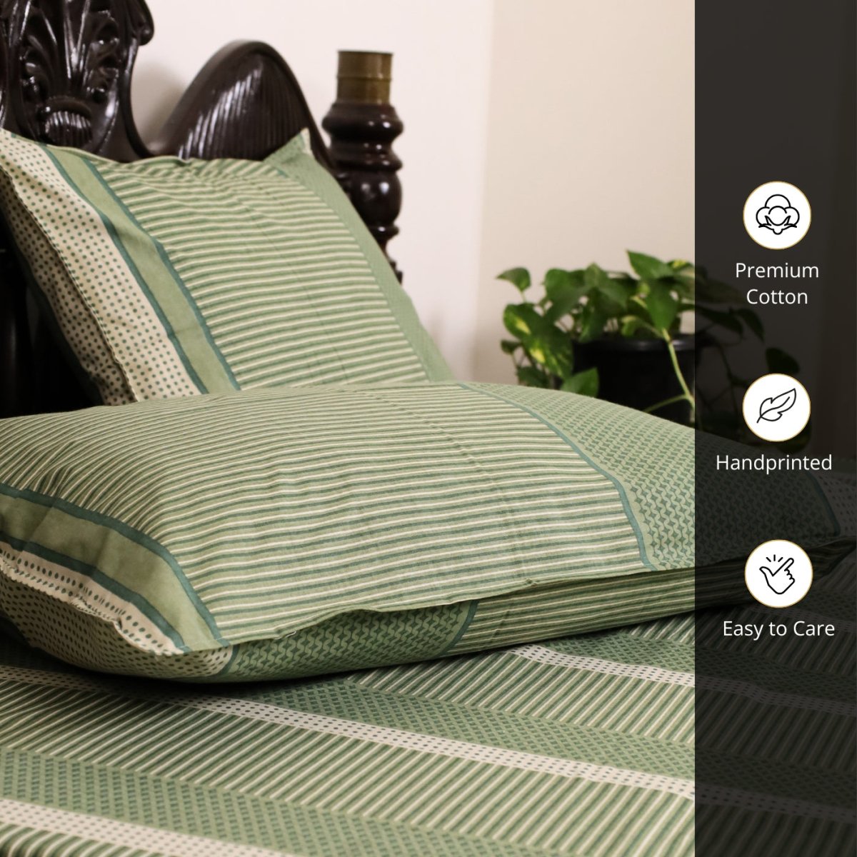 Fern Green & Off White Pure Cotton Textured Bedsheet | Queen and King Size | Handprinted