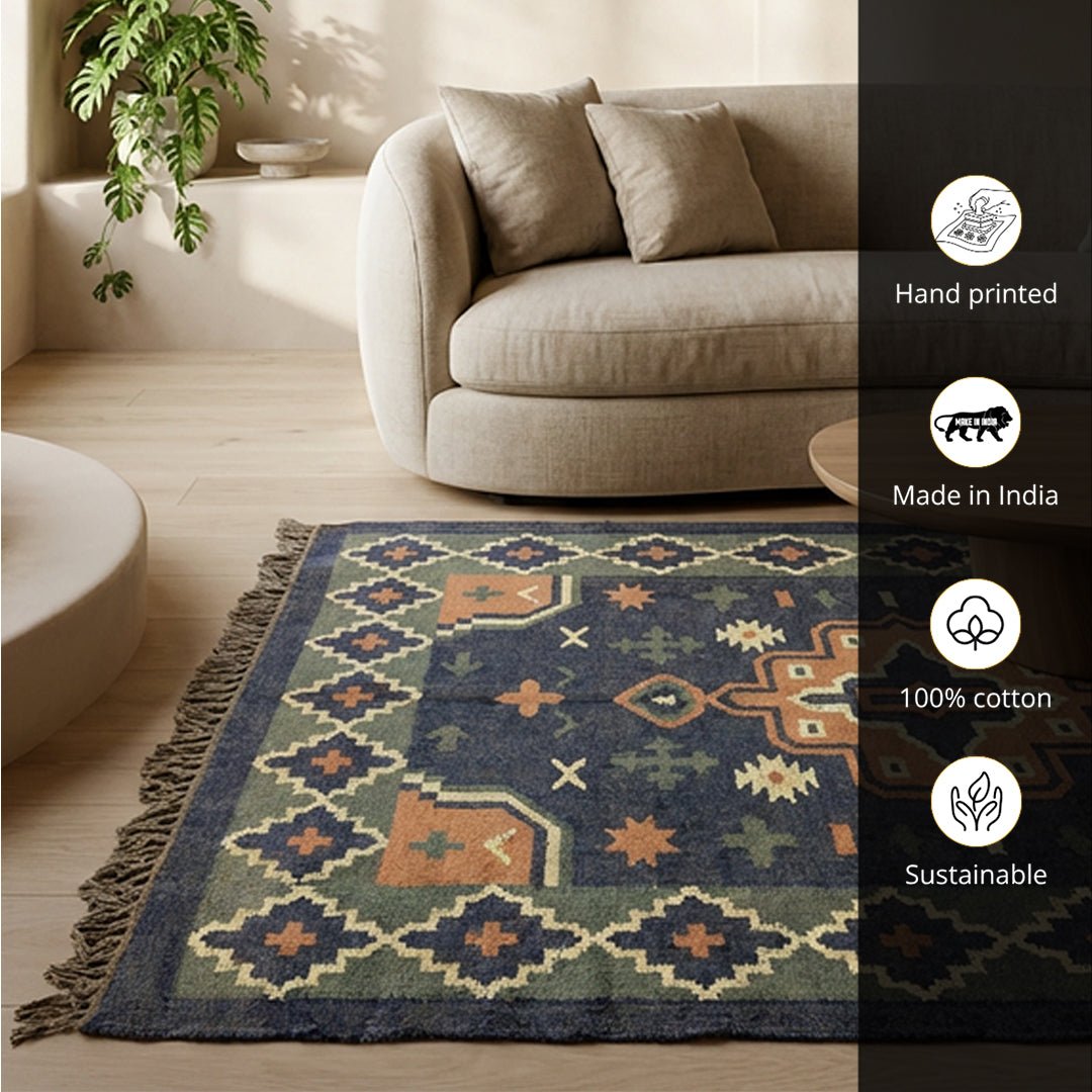 Floor Rug Handwoven with Jute and Wool in Blue Colour| 4 by 6 ft | Geometric Pattern | Durable Handmade Rug
