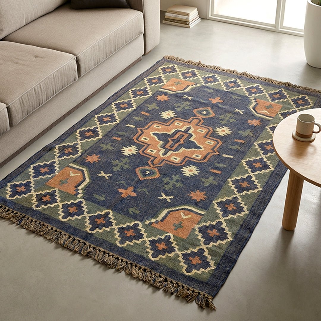 Floor Rug Handwoven with Jute and Wool in Blue Colour| 4 by 6 ft | Geometric Pattern | Durable Handmade Rug