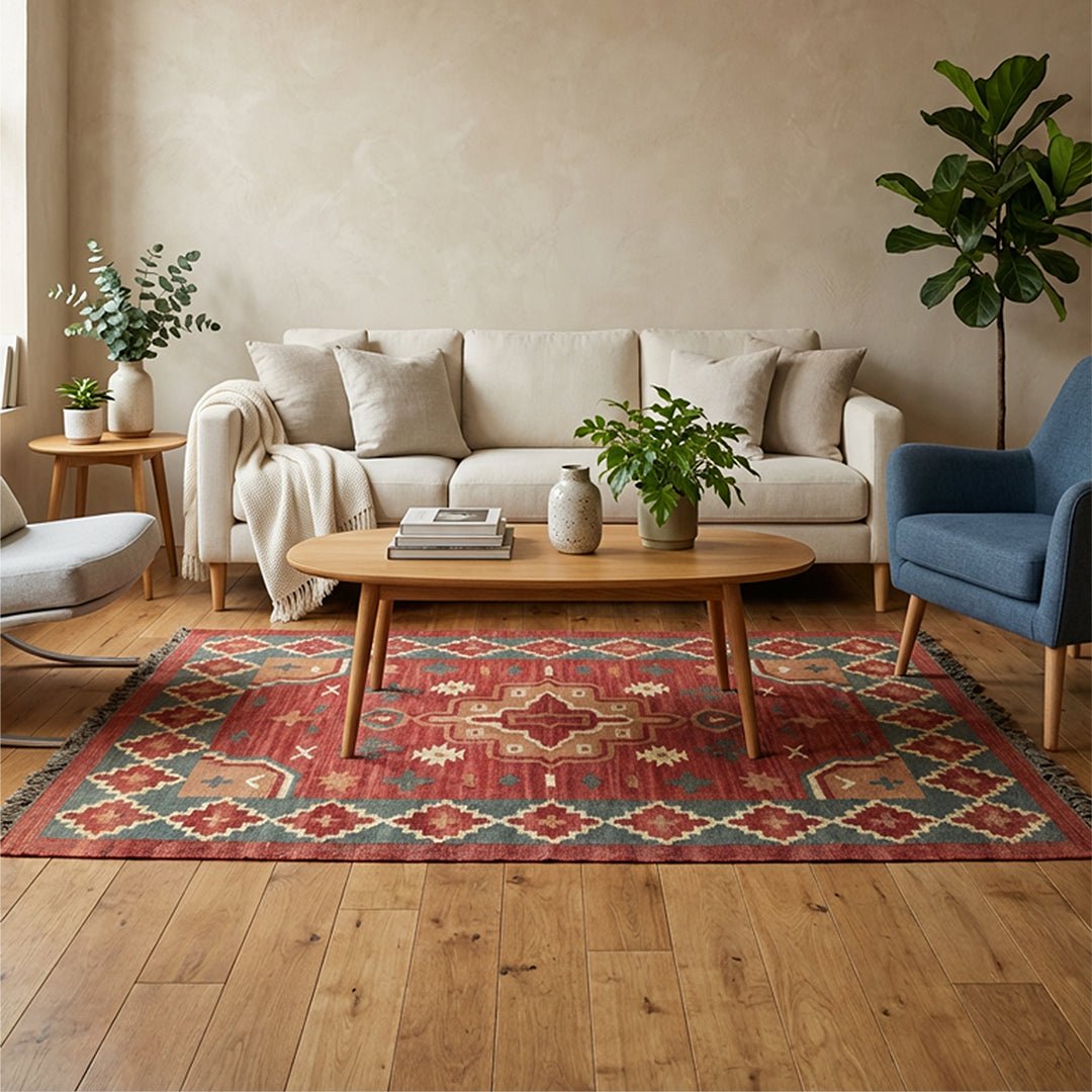 Cotton Floor Rug for Living Room and Bedroom hand woven with Jute and Wool in Rust and Maroon Colour| 4x6 Feet Durable Area Rug