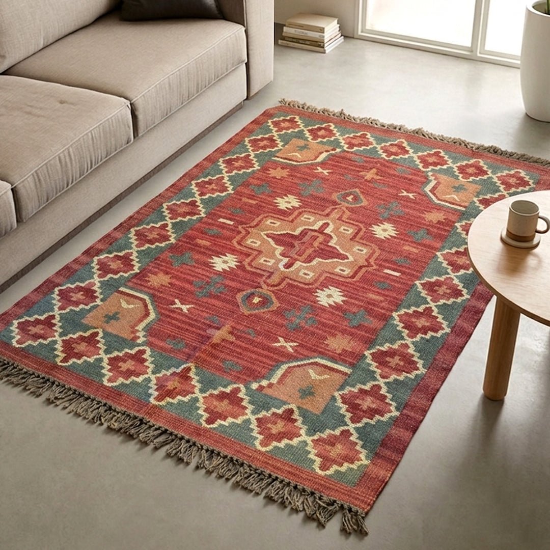 Cotton Floor Rug for Living Room and Bedroom hand woven with Jute and Wool in Rust and Maroon Colour| 4x6 Feet Durable Area Rug