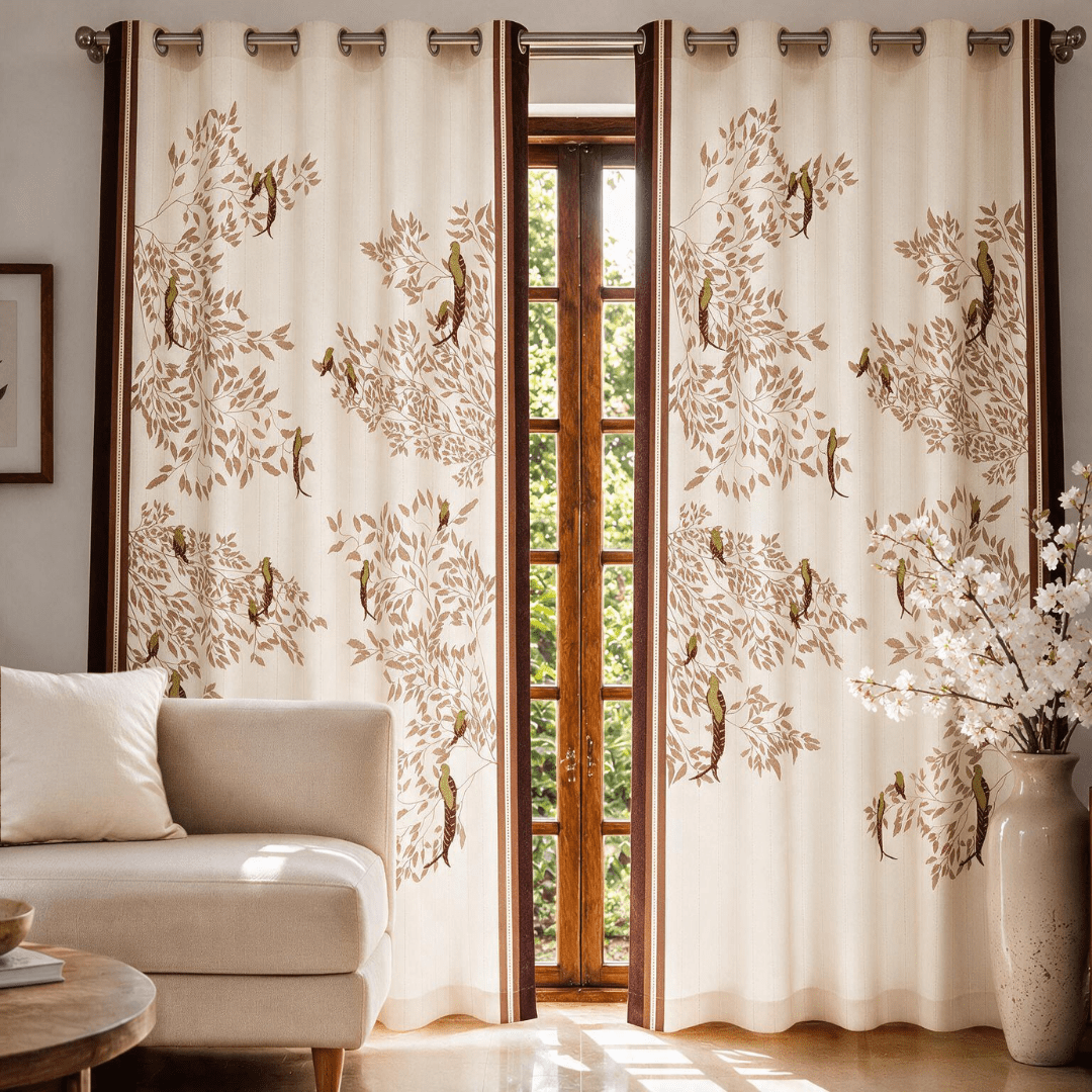 Gond Art Inspired Curtains 7 Feet | Rust and White Enchanted Forest | 60 - 65% Room Darkening | Cotton Blend | Machine Washable