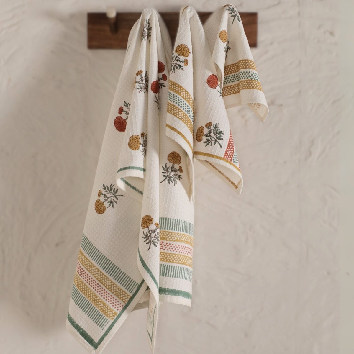 Hand Block-Printed Marigold Hand & Bath Towel Set | Waffle Cotton