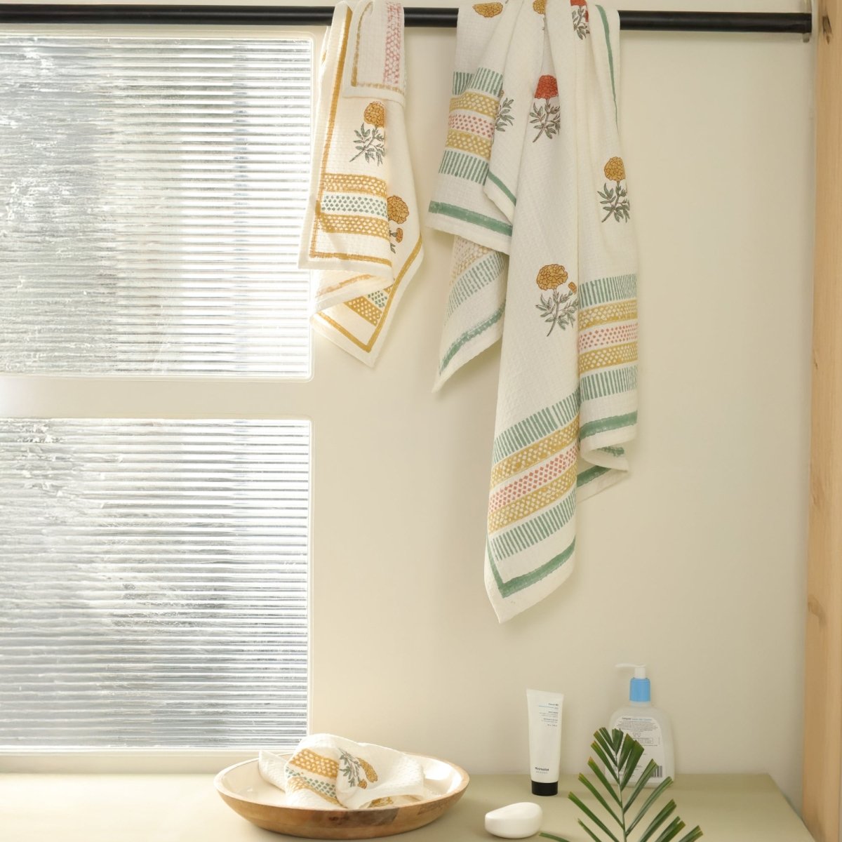 Hand Block-Printed Marigold Hand & Bath Towel Set | Waffle Cotton