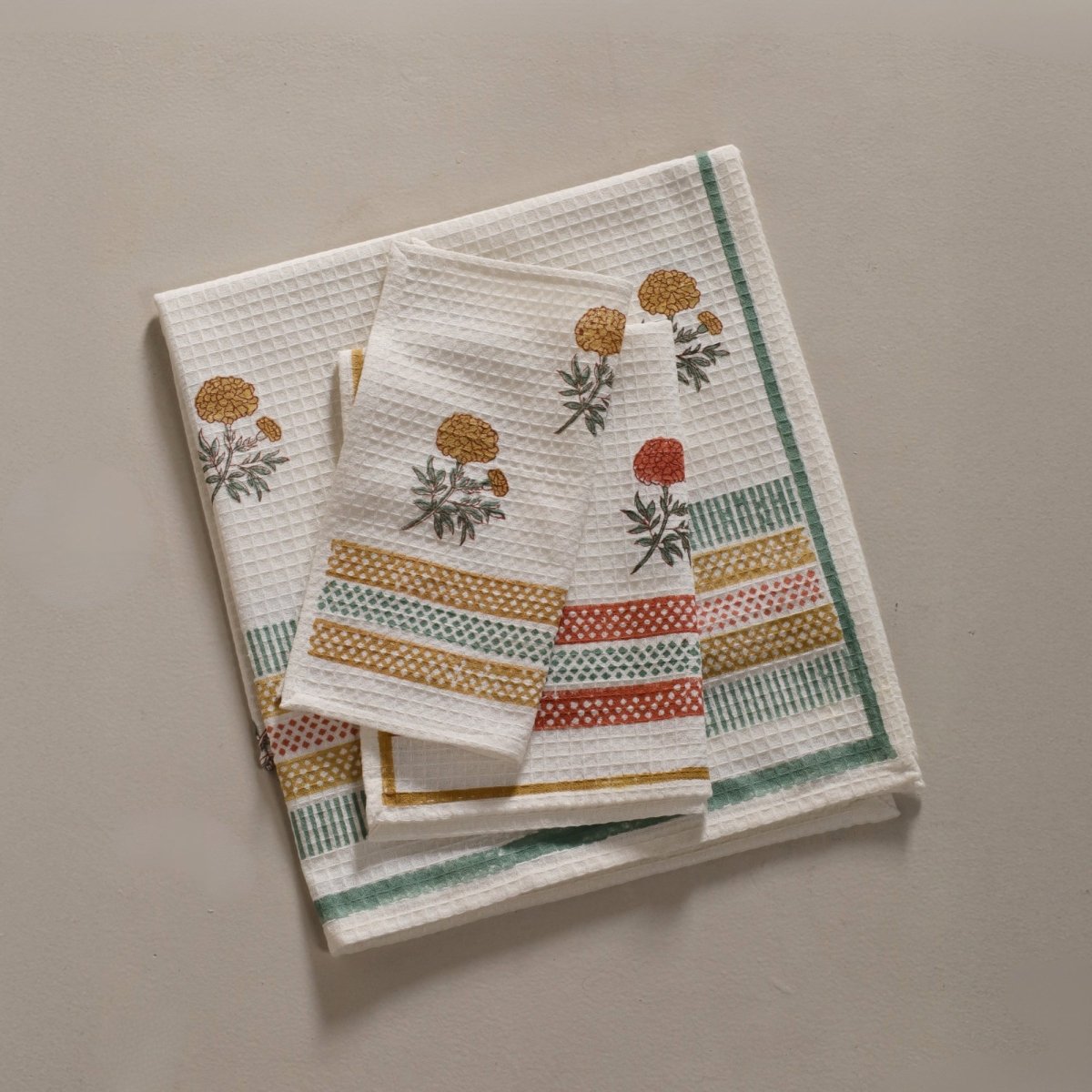 Hand Block-Printed Marigold Hand & Bath Towel Set | Waffle Cotton