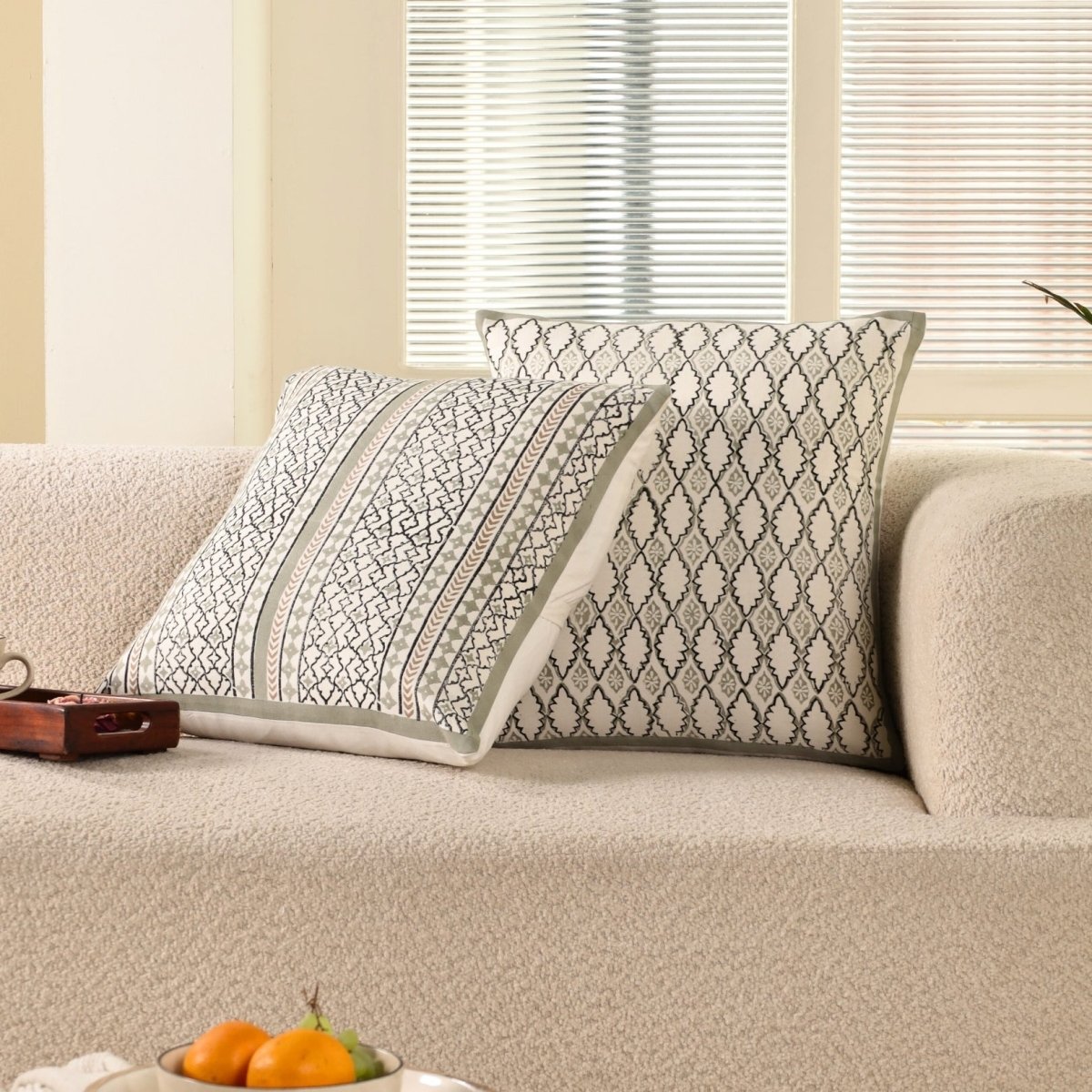 Aqua and Off White Pure Cotton Cushion Cover | 18x18 in | Set of 1,2 and 4 | Block Printed