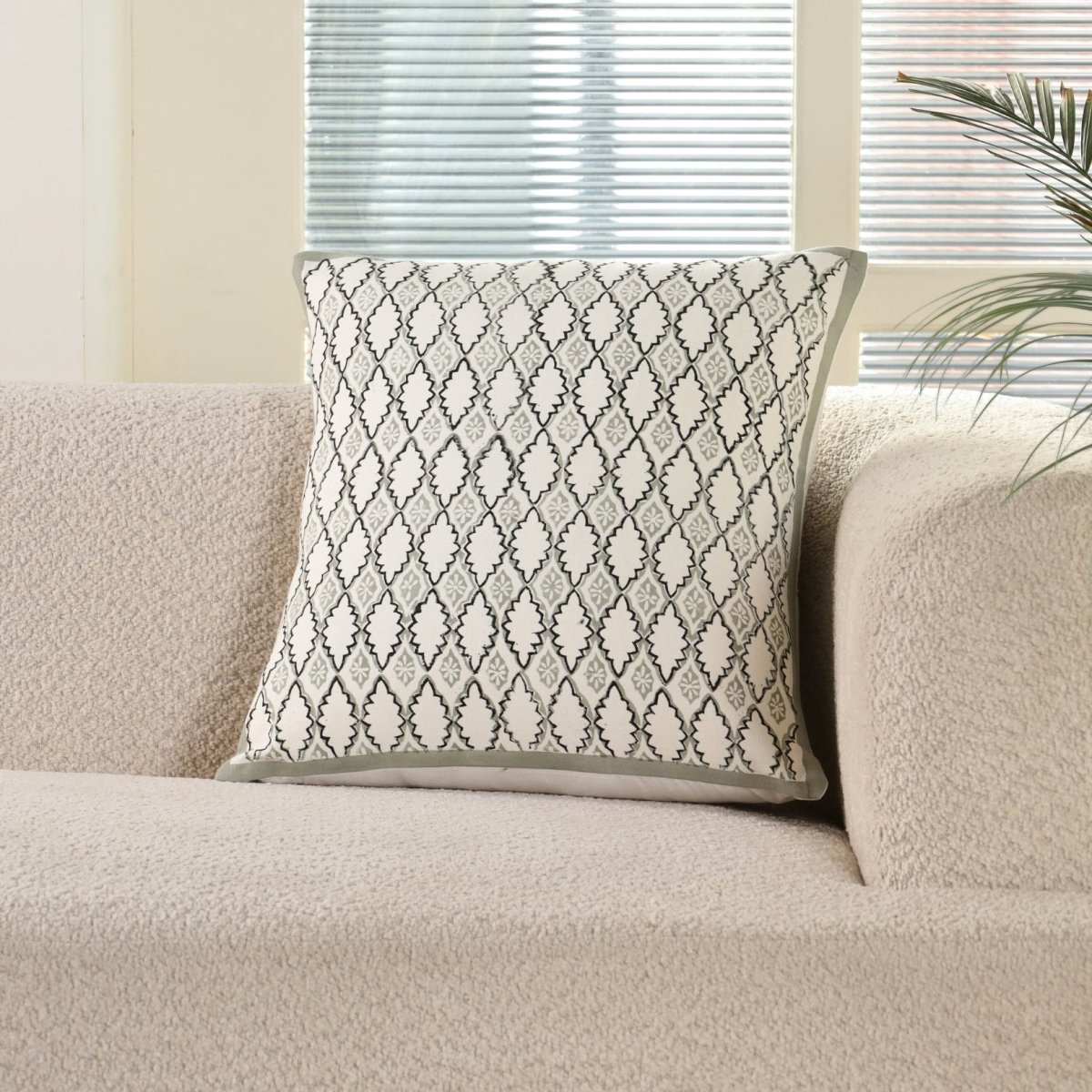 Aqua and Off White Pure Cotton Cushion Cover | 18x18 in | Set of 1,2 and 4 | Block Printed