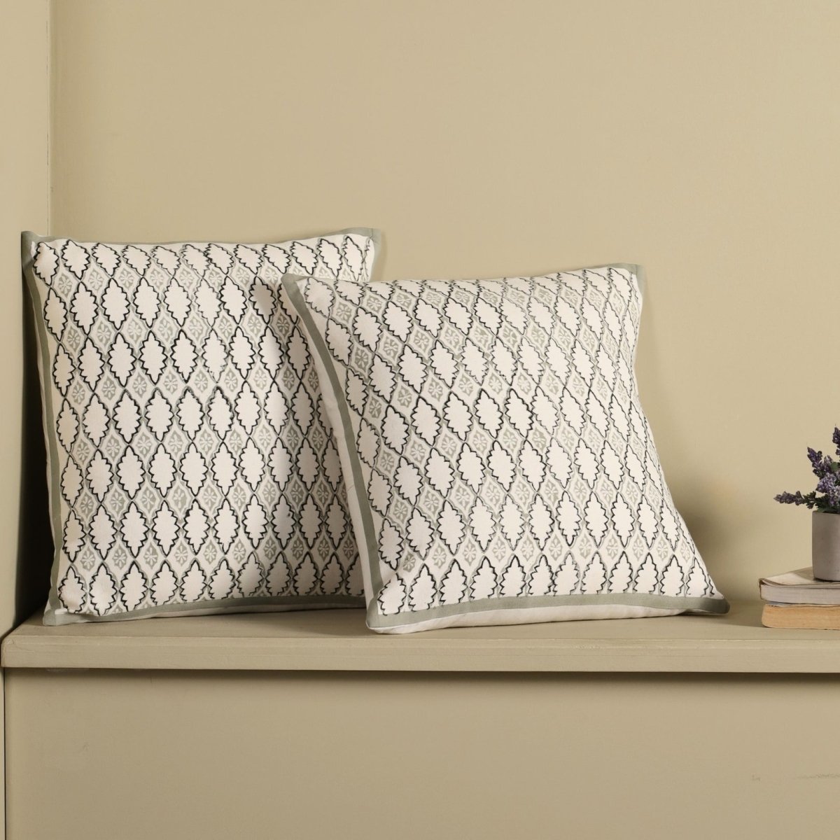 Aqua and Off White Pure Cotton Cushion Cover | 18x18 in | Set of 1,2 and 4 | Block Printed