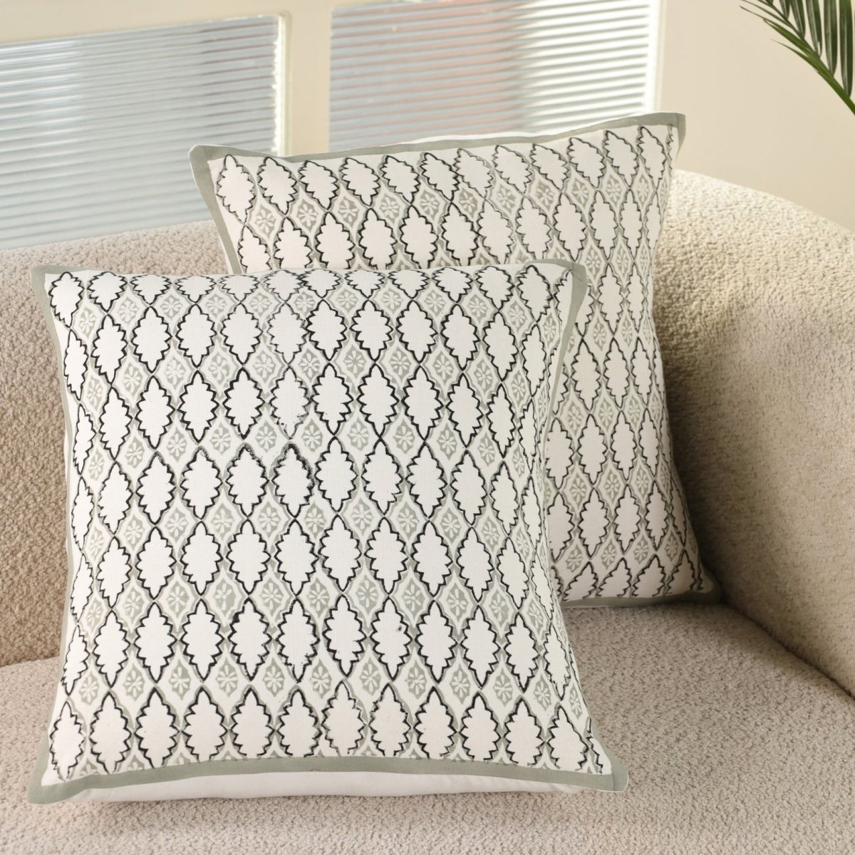 Aqua and Off White Pure Cotton Cushion Cover | 18x18 in | Set of 1,2 and 4 | Block Printed