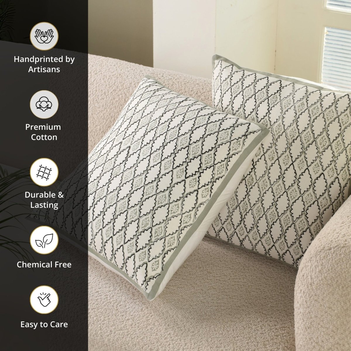 Aqua and Off White Pure Cotton Cushion Cover | 18x18 in | Set of 1,2 and 4 | Block Printed
