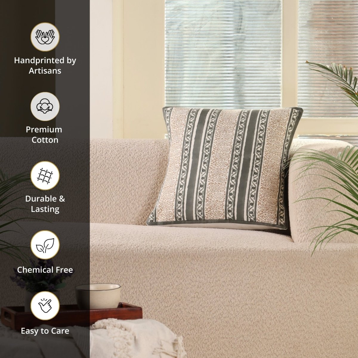 Charcoal and Off White Pure Cotton Cushion Cover | 18x18 in | Set of 1,2,3,4 and 5 | Striped