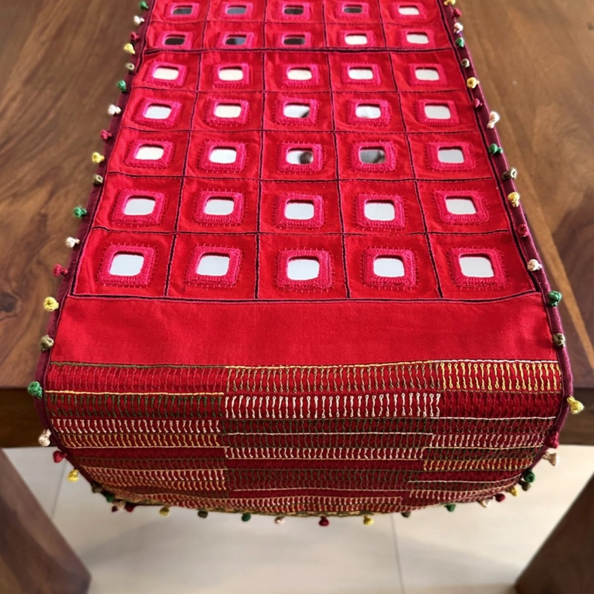 Hand Embroidered Table Runner in Scarlet Red | Mirror Work
