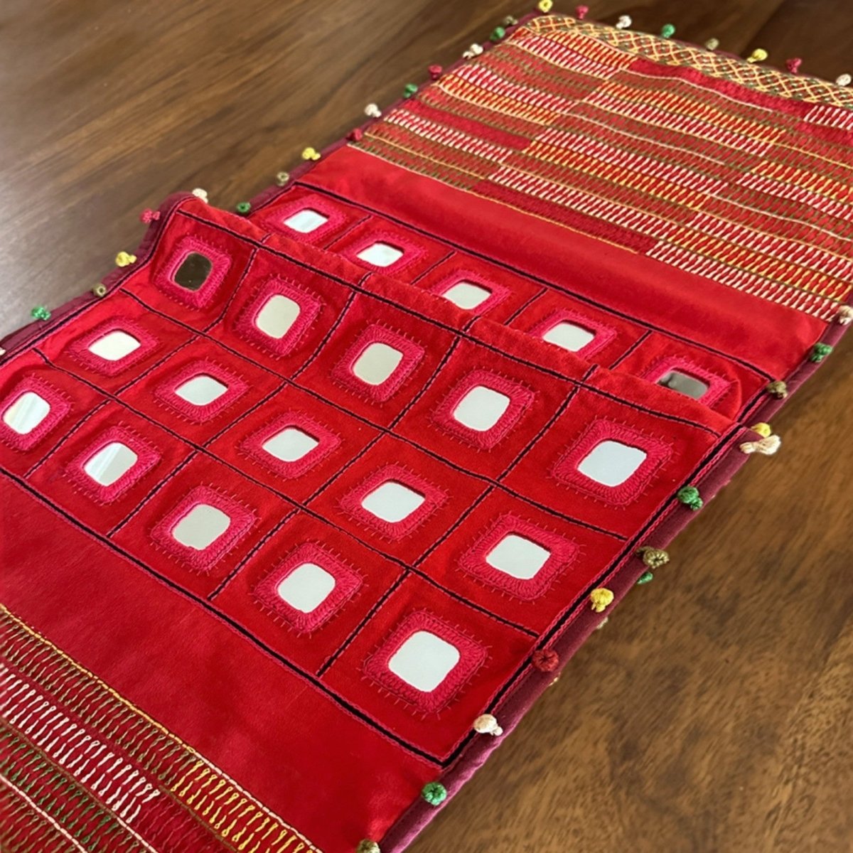 Hand Embroidered Table Runner in Scarlet Red | Mirror Work