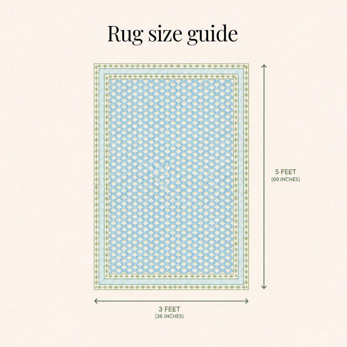 Cotton Floor Rug 3 x 5 Ft Hand Printed in Blue and Green for Living Room and Bedroom