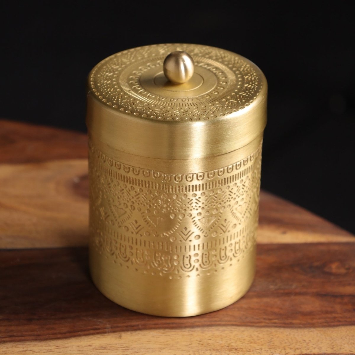 Handcrafted pure brass storage jar with traditional etching, ideal for kitchen storage, adding timeless Indian elegance.