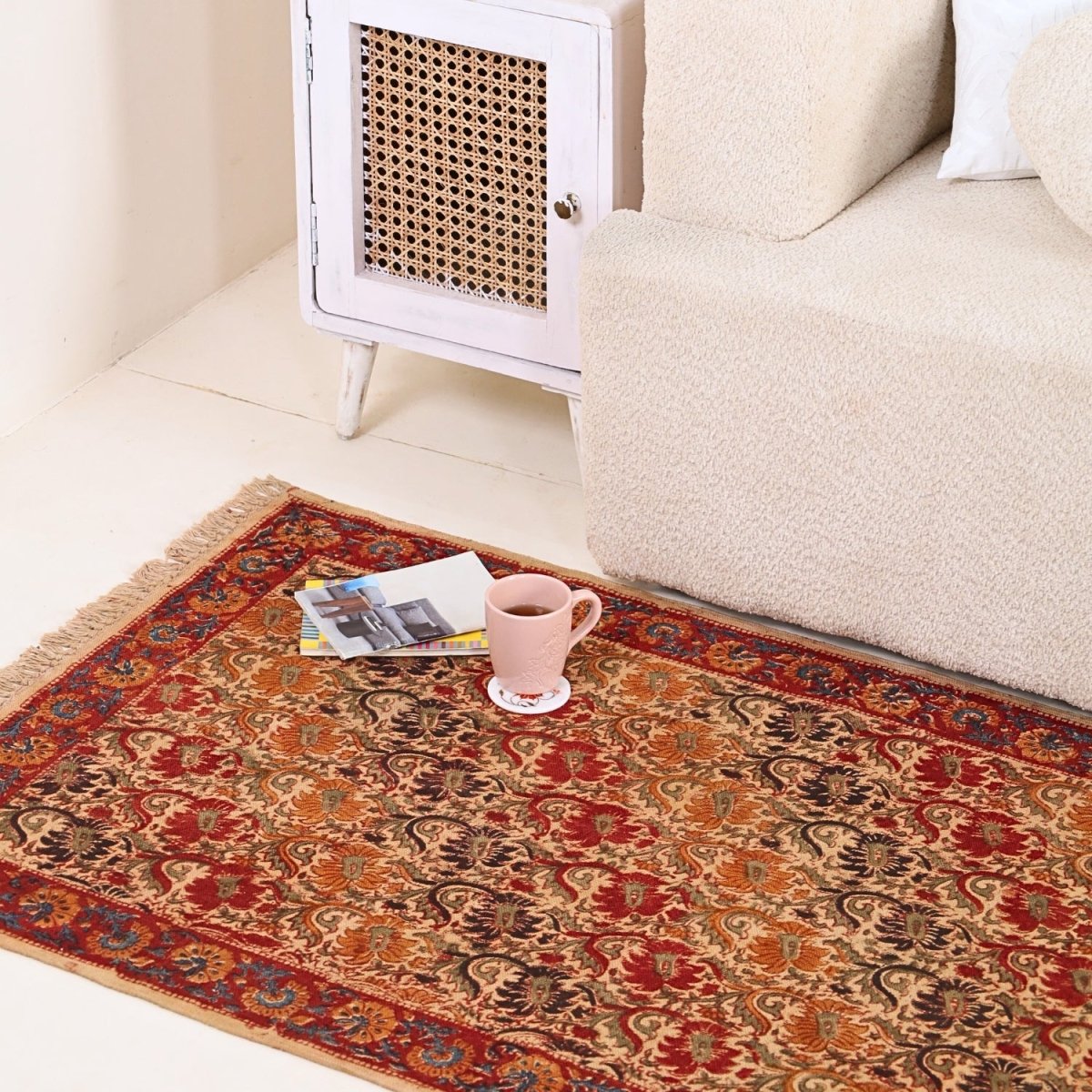 Cotton Floor Rug for Living Room and Bedroom handmade in Floral Earth tones Kalamkari Print| Soft Washable Area RugCotton| 3x5 Feet