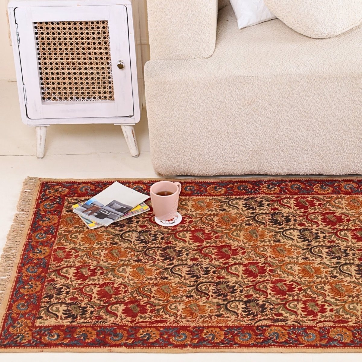 Handprinted Cotton Floor Rug for Living Room and Bedroom in Earthy Kalamkari| Soft Washable Rug