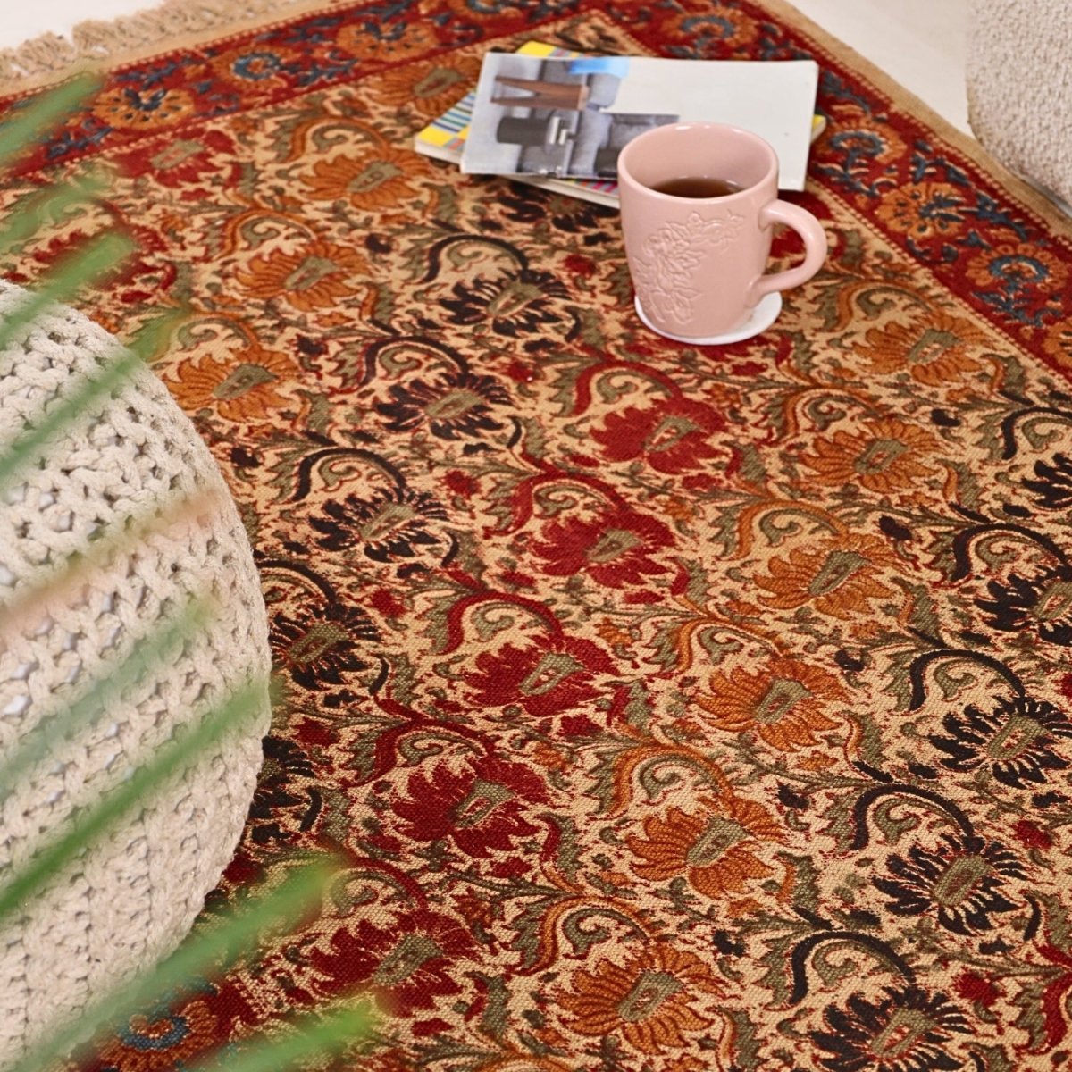 Cotton Floor Rug for Living Room and Bedroom handmade in Floral Earth tones Kalamkari Print| Soft Washable Area RugCotton| 3x5 Feet