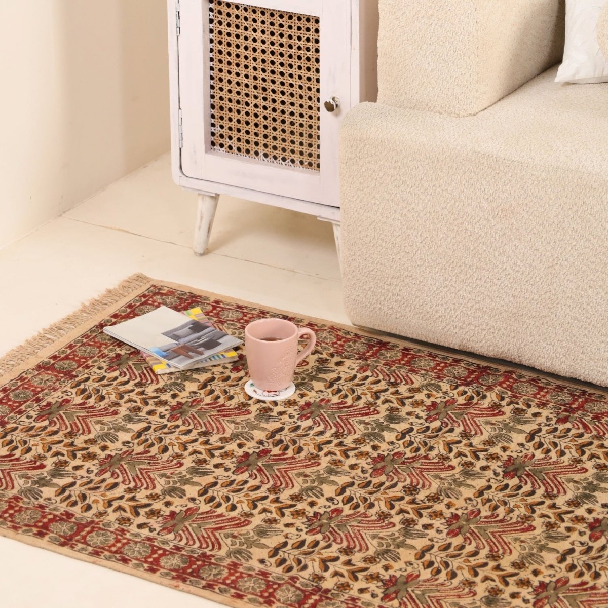 Handcrafted Kalamkari Print Cotton Rug with a Floral Pattern - 5 ft X 3 ft / Pure Cotton / Multicolor