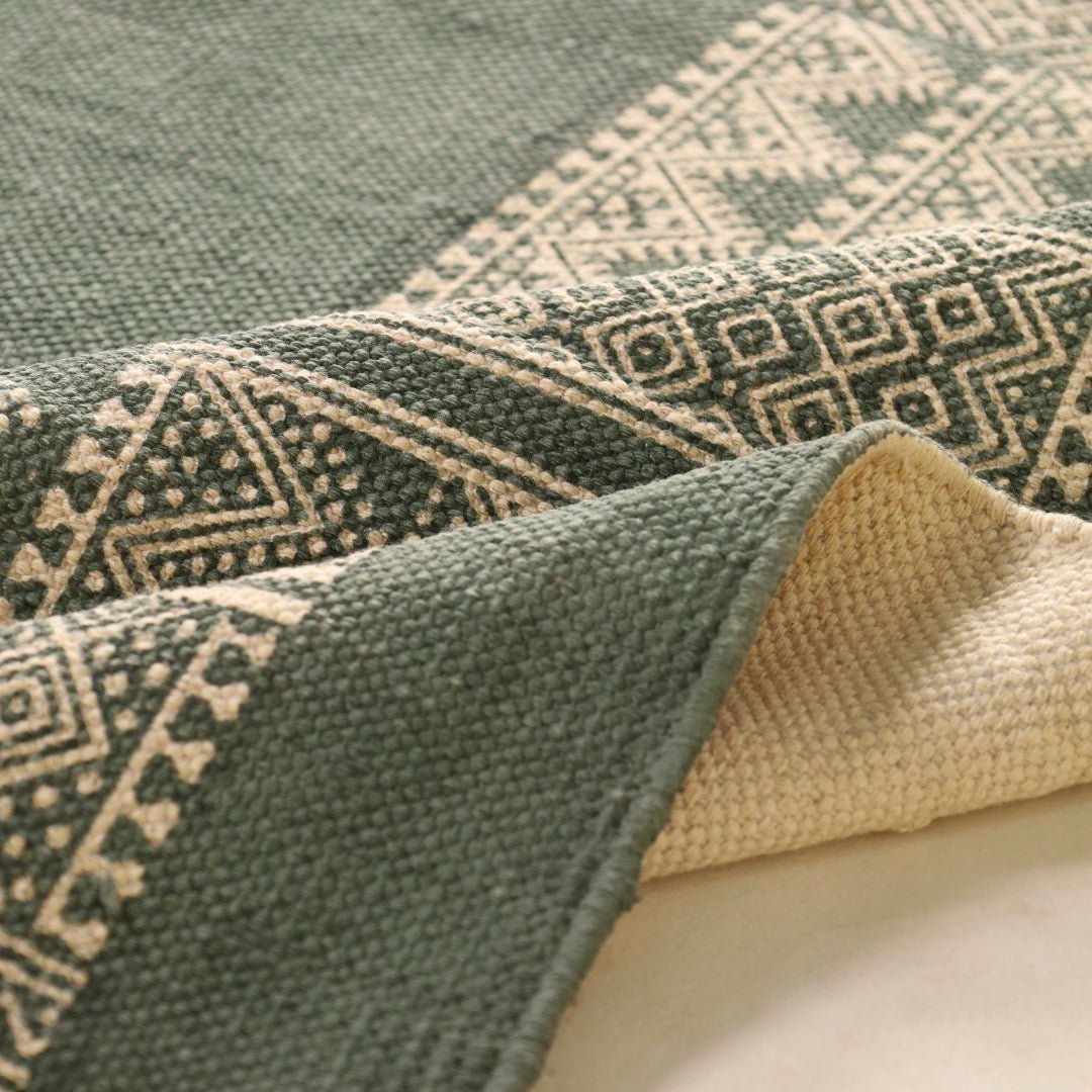 Handprinted Cotton Floor Rug for Living Room and Bedroom in Green Colour| Soft Washable Rug