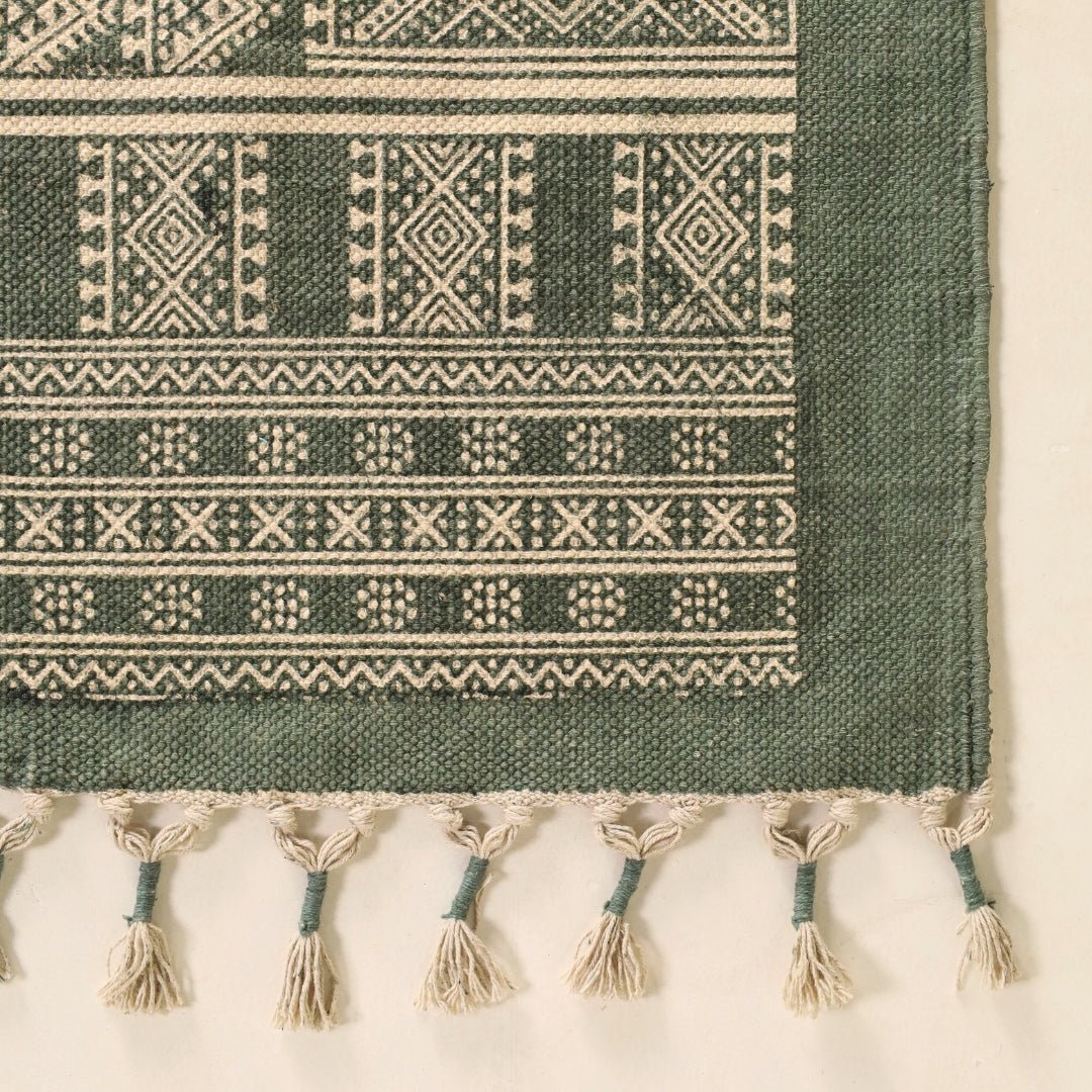 Handprinted Cotton Floor Rug for Living Room and Bedroom in Green Colour| Soft Washable Rug