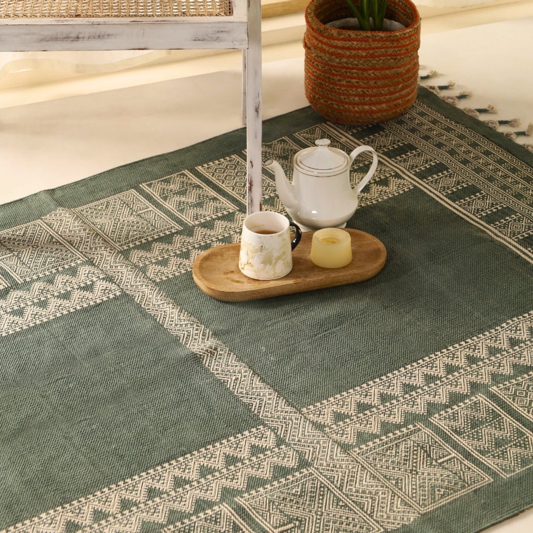 Handprinted Cotton Floor Rug for Living Room and Bedroom in Green Colour| Soft Washable Rug