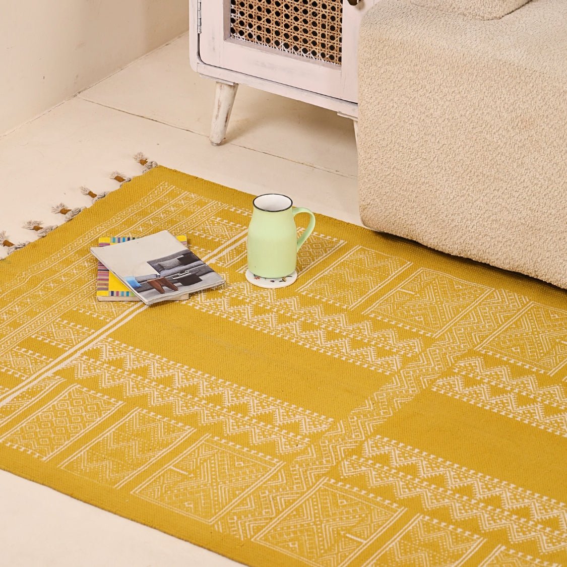 Handprinted Cotton Floor Rug for Living Room and Bedroom in Yellow Colour| Soft Washable Rug