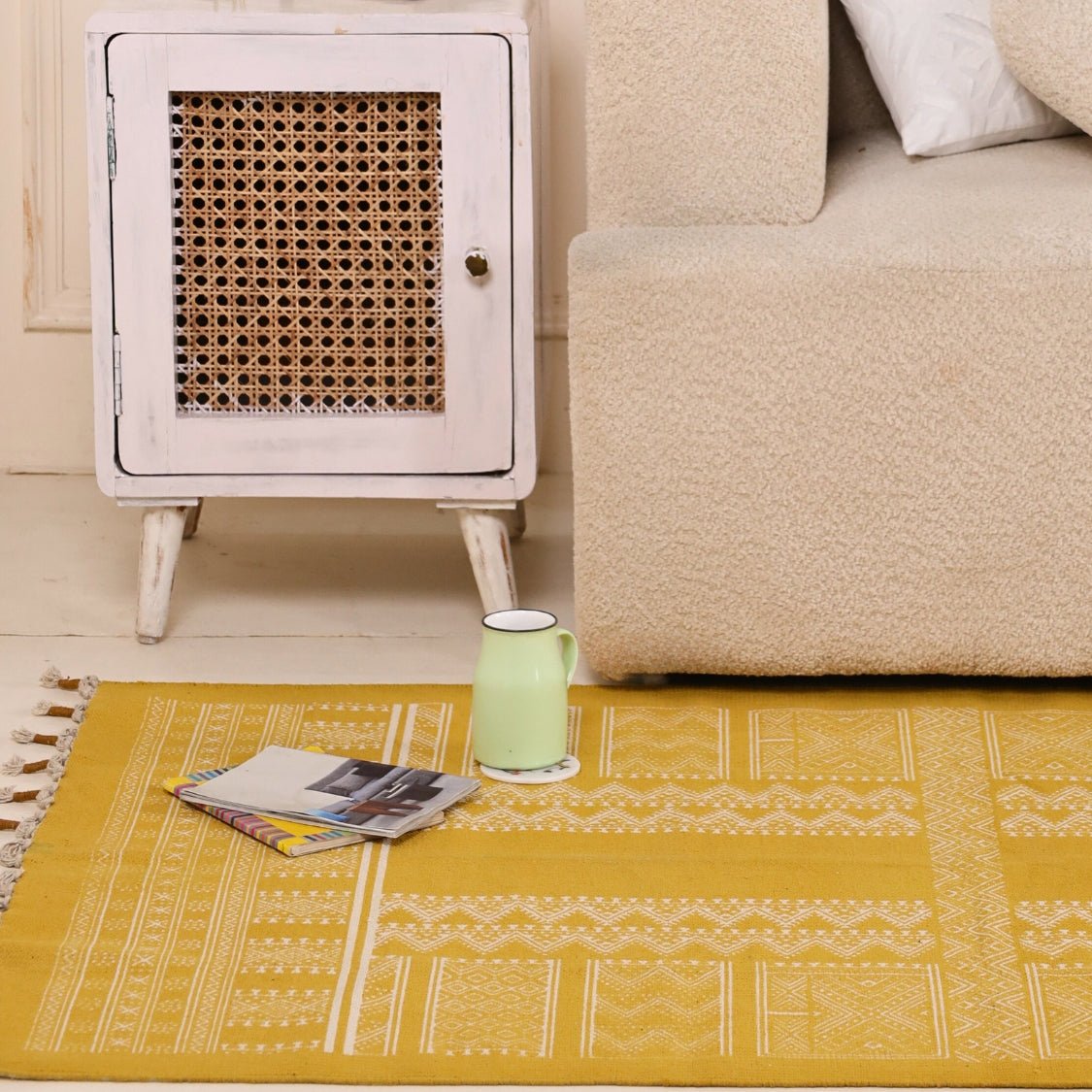 Handprinted Cotton Floor Rug for Living Room and Bedroom in Yellow Colour| Soft Washable Rug
