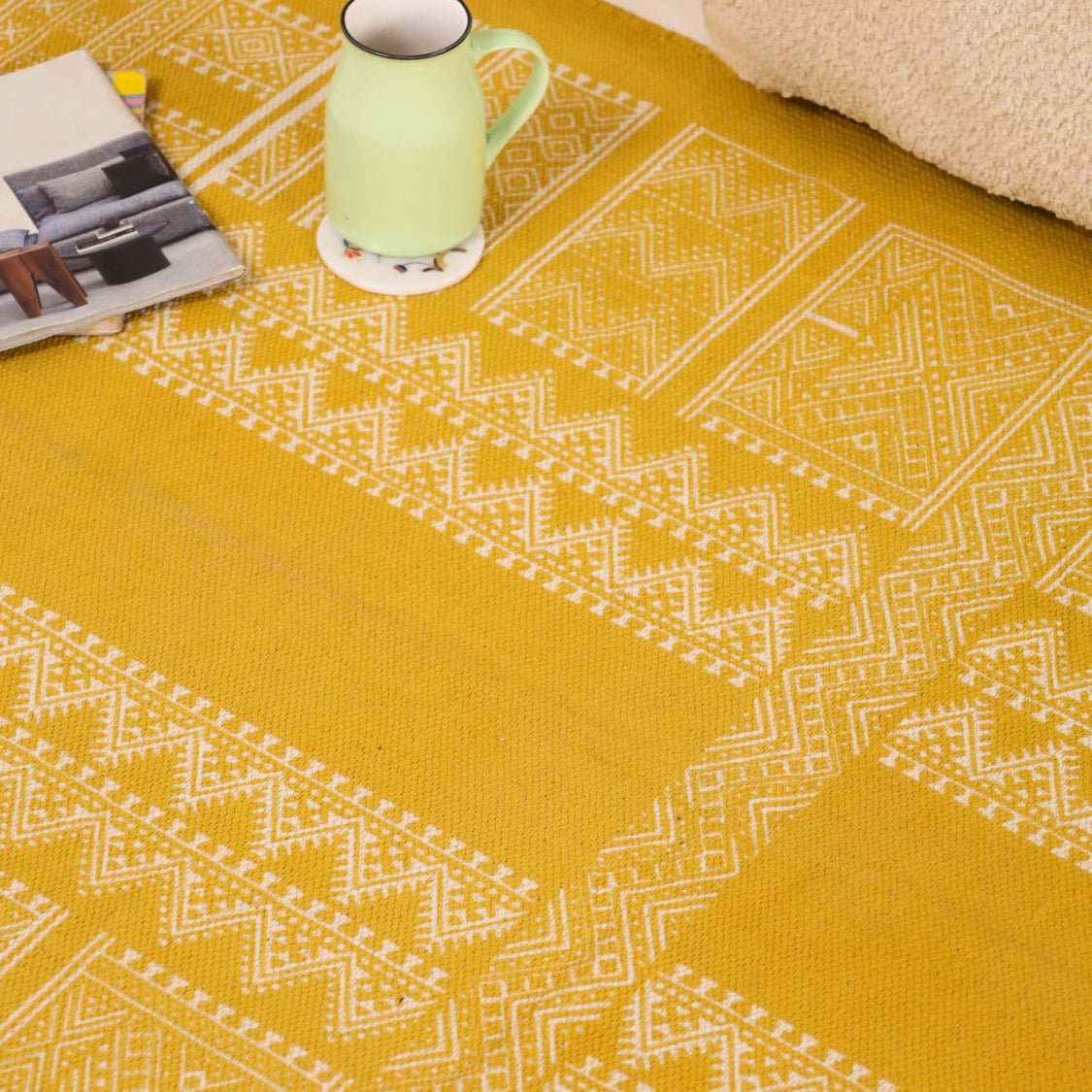 Handprinted Cotton Floor Rug for Living Room and Bedroom in Yellow Colour| Soft Washable Rug