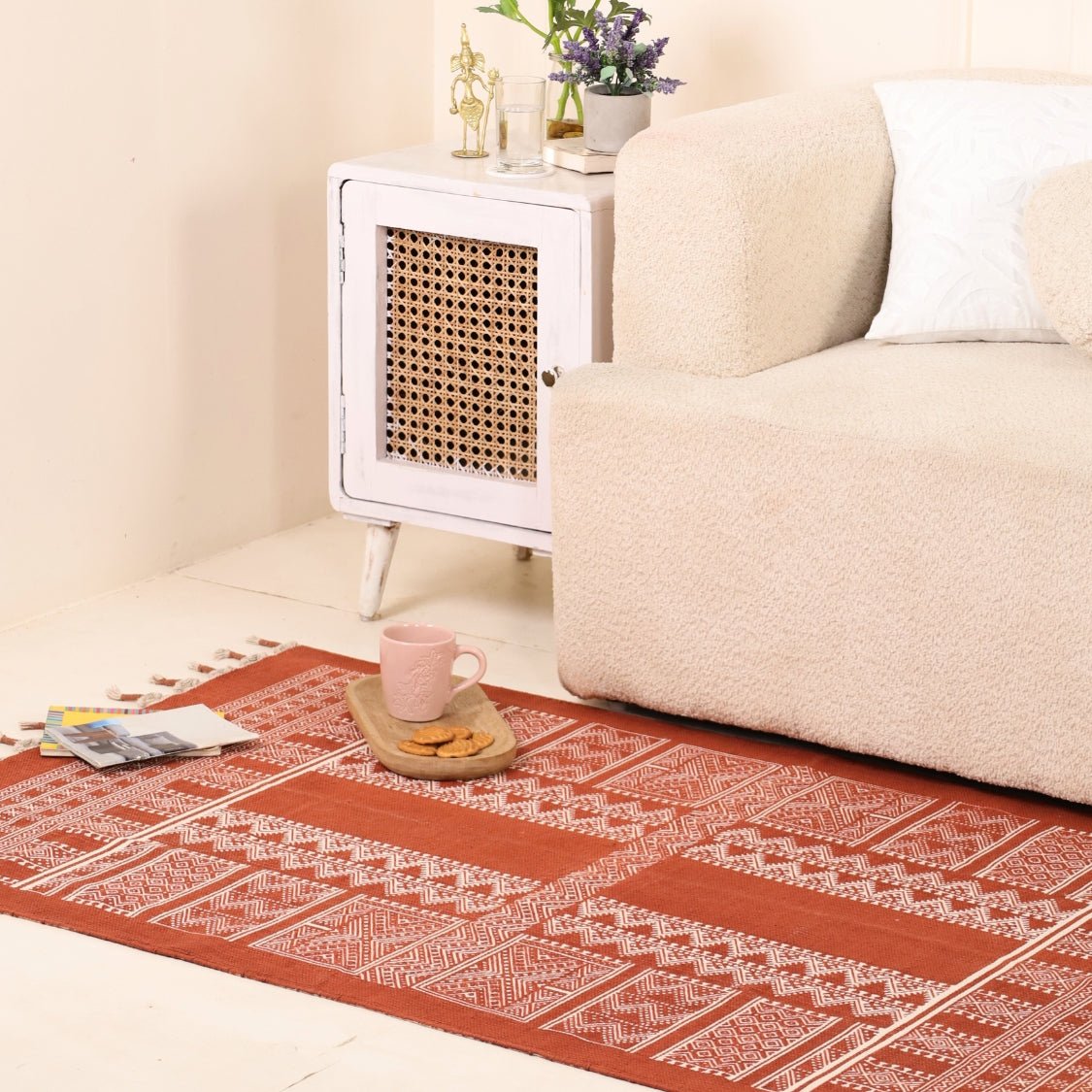 Handprinted Cotton Floor Rug for Living Room and Bedroom in Rust Mandana| Soft Washable Rug
