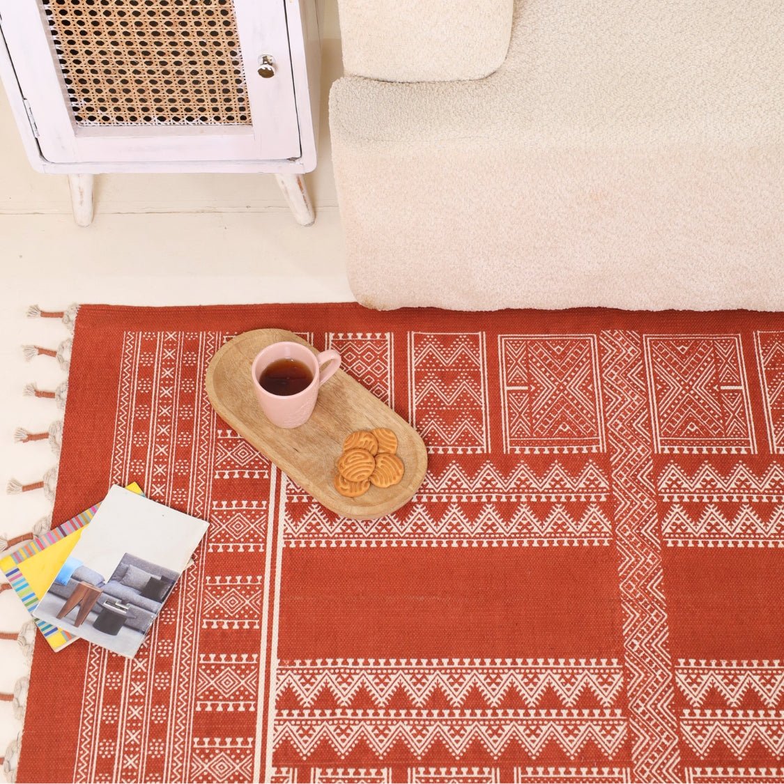 Handprinted Cotton Floor Rug for Living Room and Bedroom in Rust Mandana| Soft Washable Rug