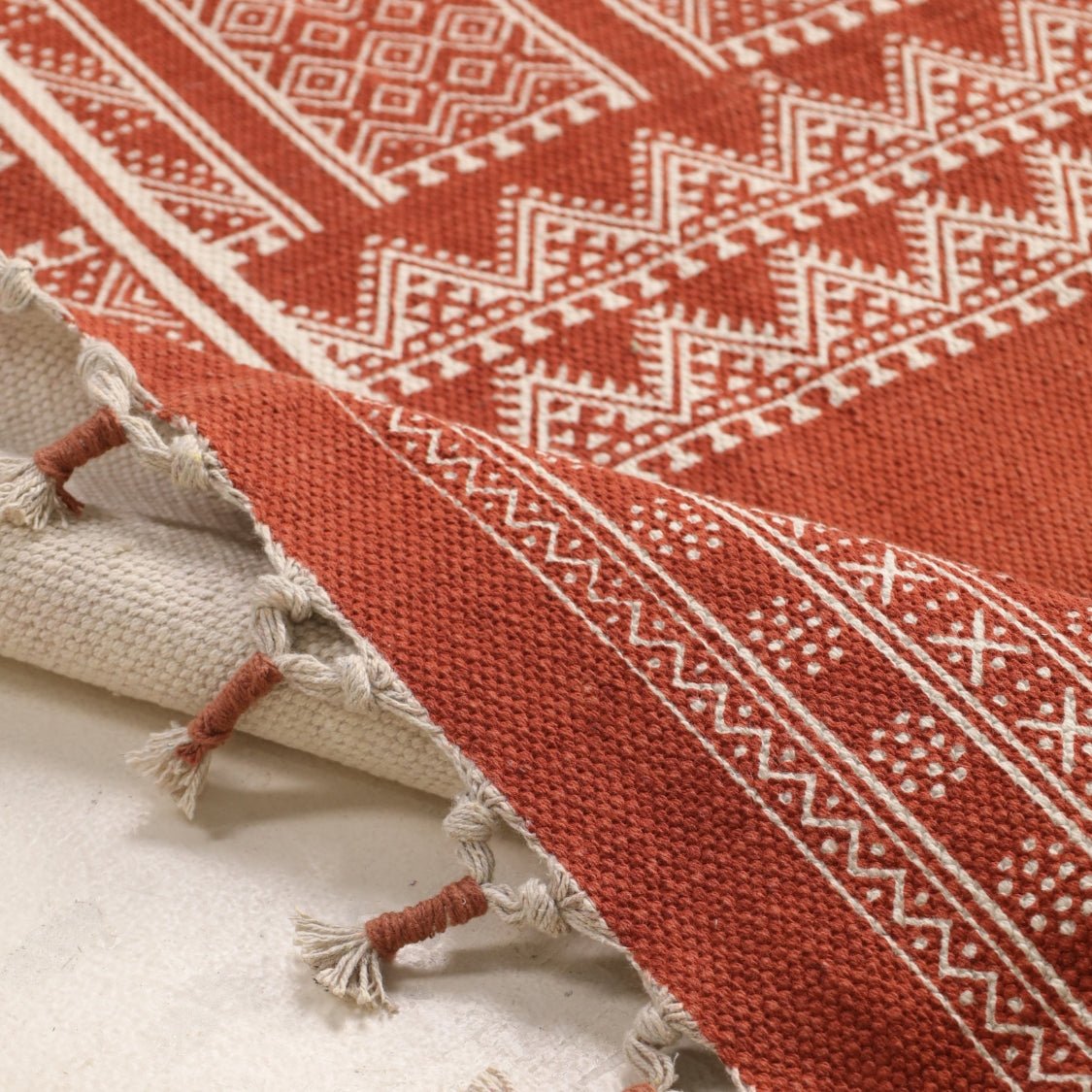 Handprinted Cotton Floor Rug for Living Room and Bedroom in Rust Mandana| Soft Washable Rug