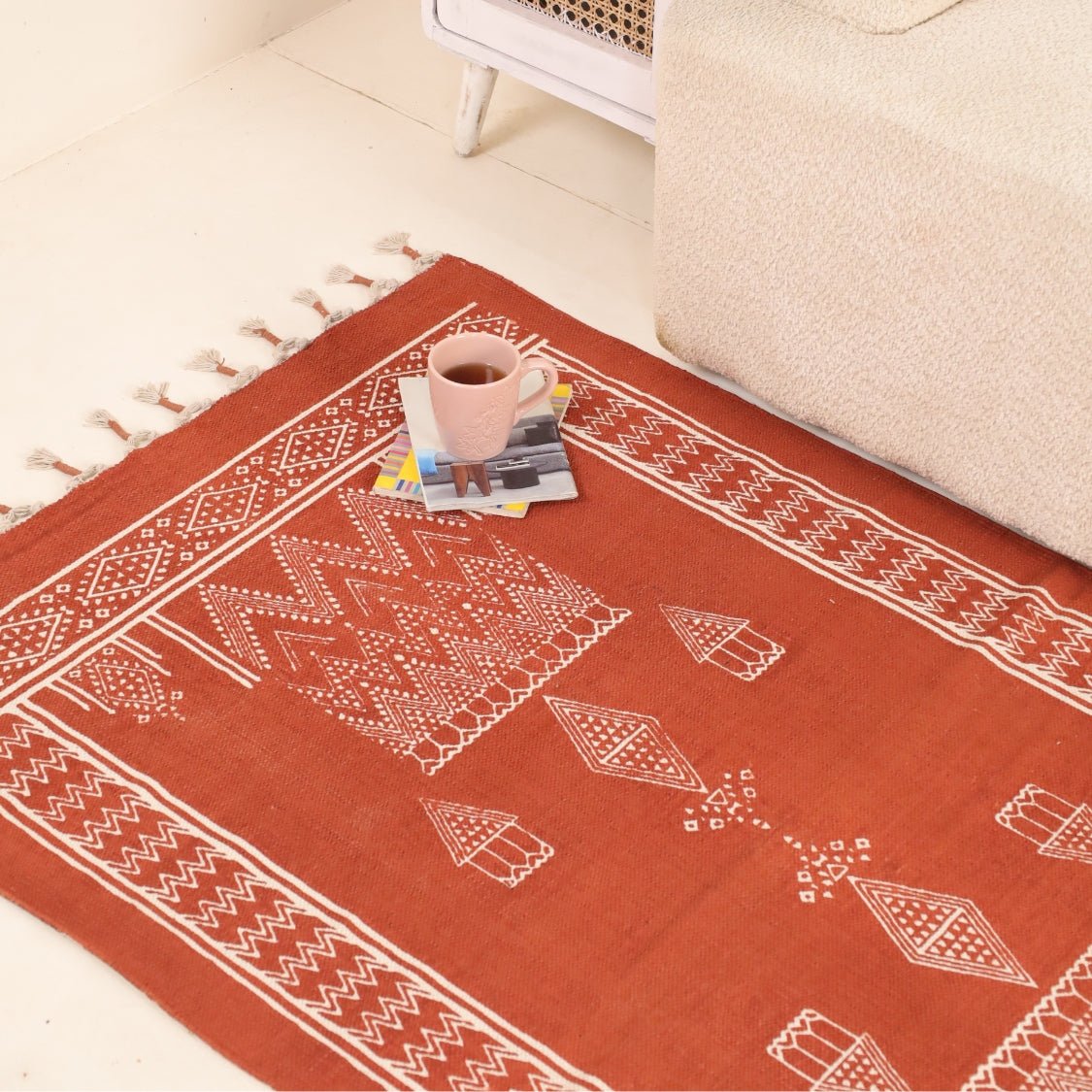 Handprinted Cotton Floor Rug for Living Room and Bedroom in Rust Diamond| Soft Washable Rug