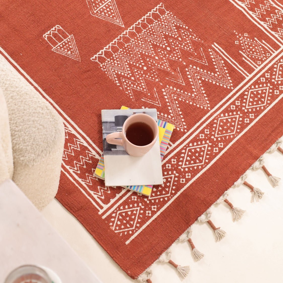 Handprinted Cotton Floor Rug for Living Room and Bedroom in Rust Diamond| Soft Washable Rug