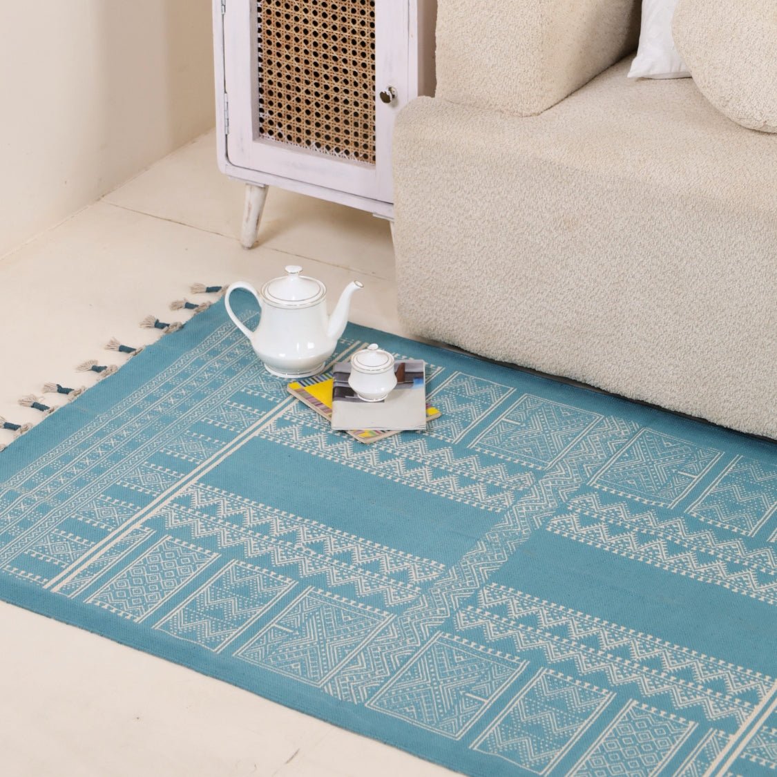 Handprinted Cotton Floor Rug for Living Room and Bedroom in Teal| Soft Washable Rug