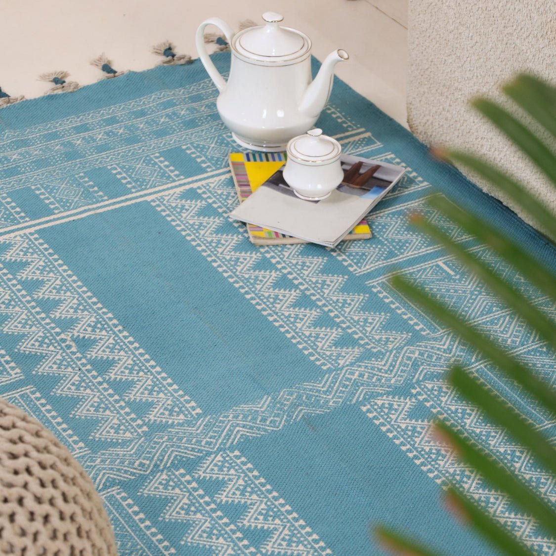 Handprinted Cotton Floor Rug for Living Room and Bedroom in Teal| Soft Washable Rug