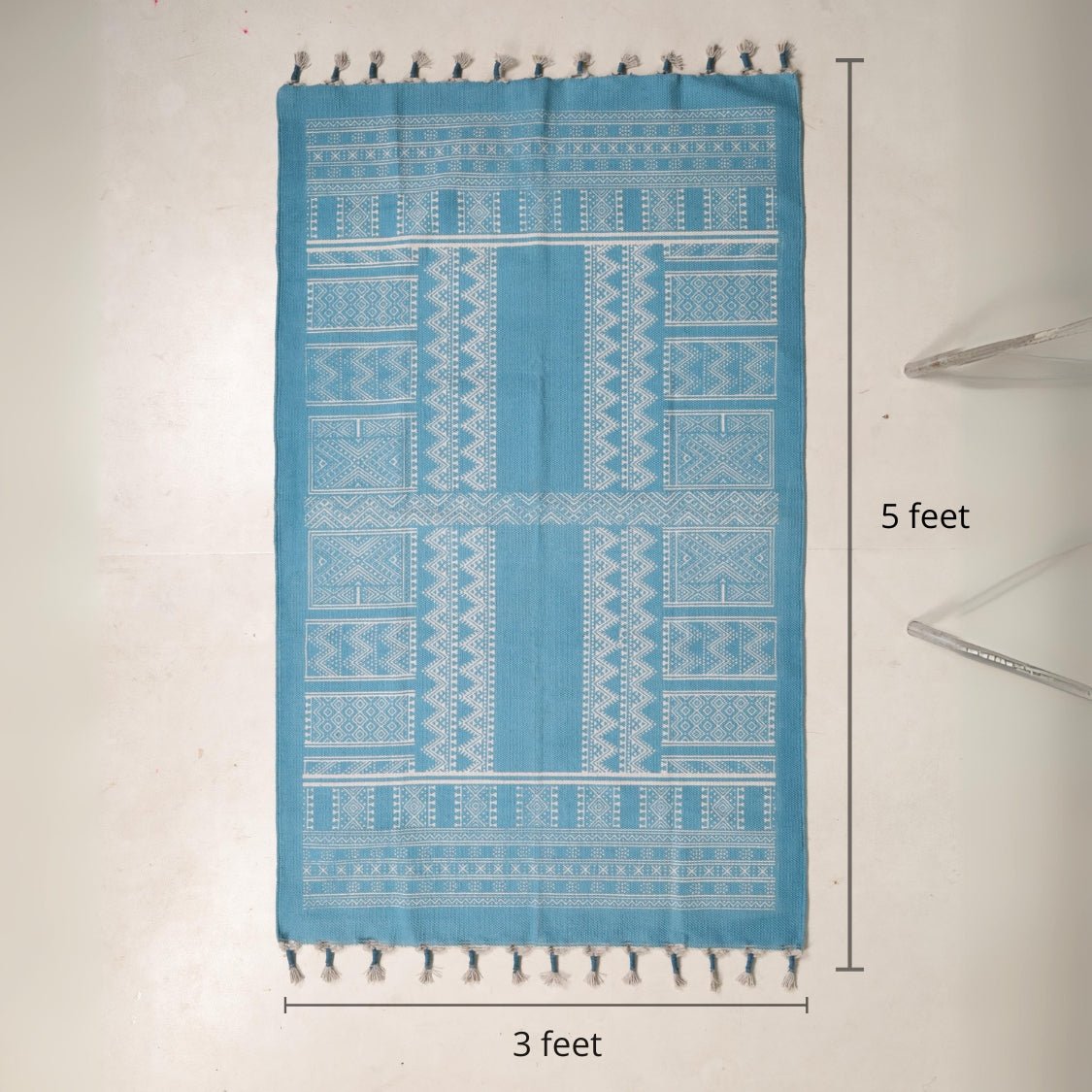 Handprinted Cotton Floor Rug for Living Room and Bedroom in Teal| Soft Washable Rug