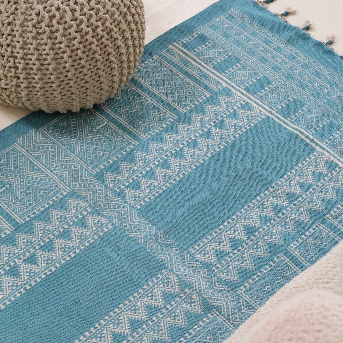 Handprinted Cotton Floor Rug for Living Room and Bedroom in Teal| Soft Washable Rug