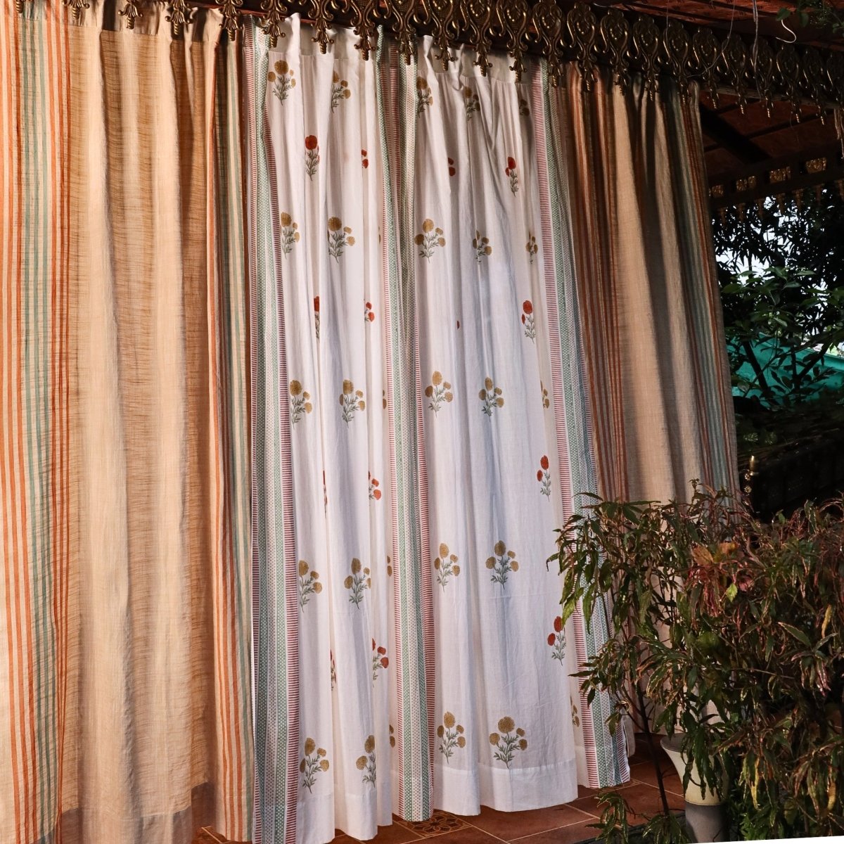 Cotton Handwoven & Sheer Curtain Set for Living Room & Bedroom in Ivory, Rust, Mustard & Teal | 7 Feet Window Curtains | Set of 3 & 4