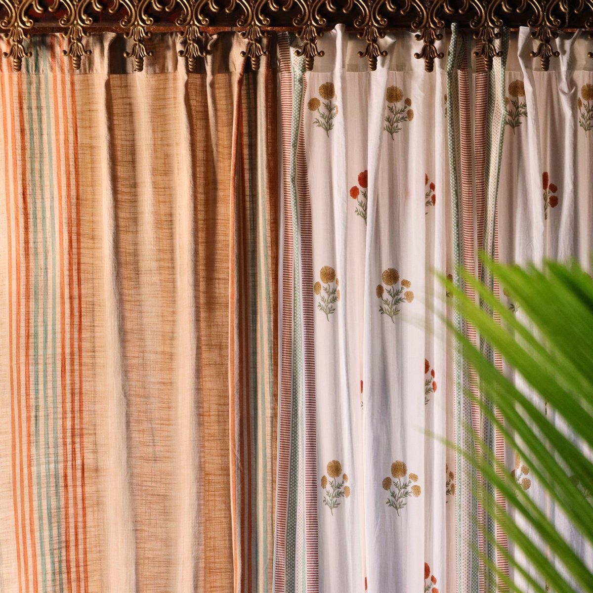 Cotton Handwoven & Sheer Curtain Set for Living Room & Bedroom in Ivory, Rust, Mustard & Teal | 7 Feet Window Curtains | Set of 3 & 4