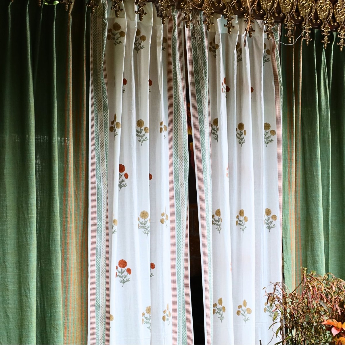 Cotton Door Curtain Set handwoven in Sage, Rust, Mustard and Teal Colours | Sheer and Solid Curtain Set| 7 Feet