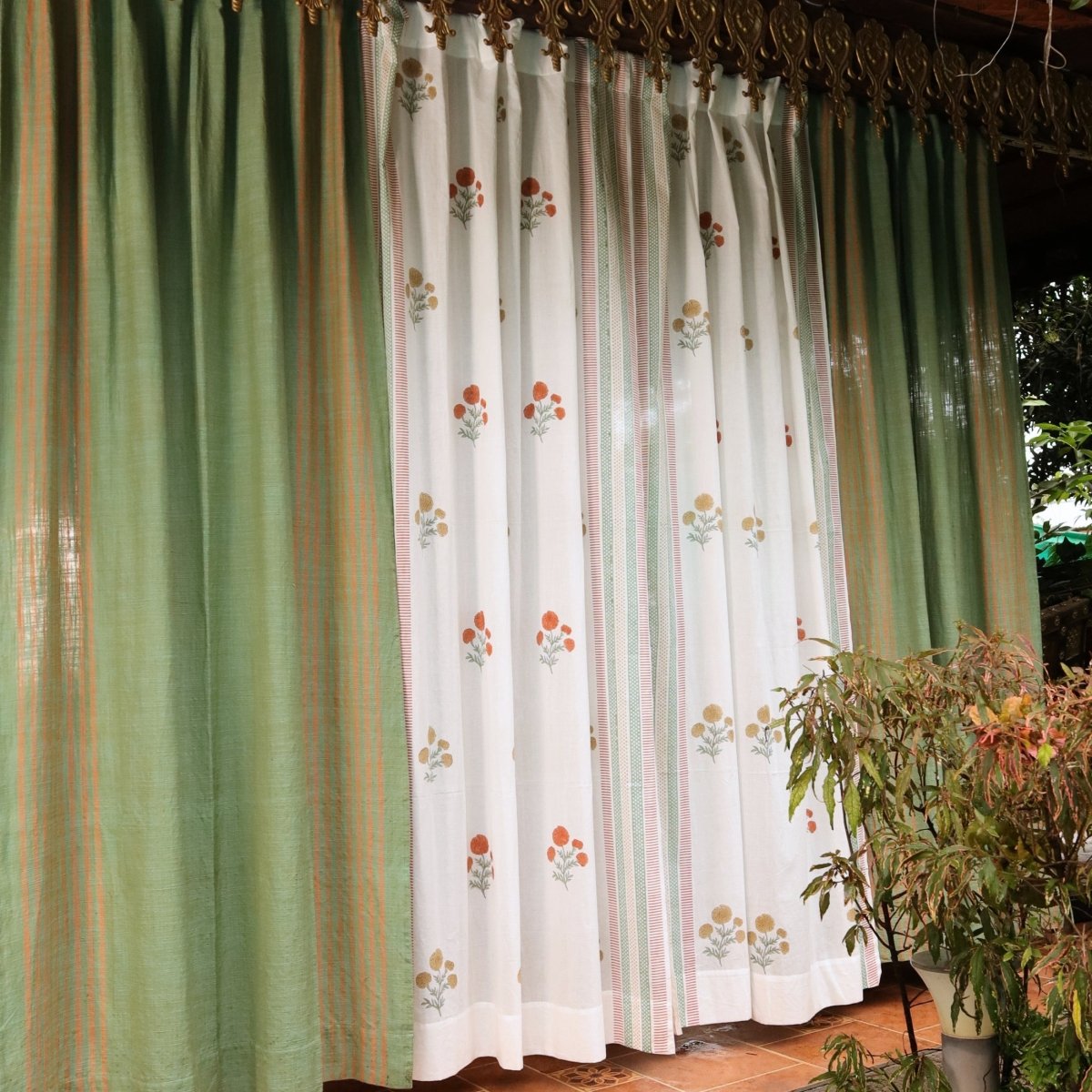 Cotton Door Curtain Set handwoven in Sage, Rust, Mustard and Teal Colours | Sheer and Solid Curtain Set| 7 Feet
