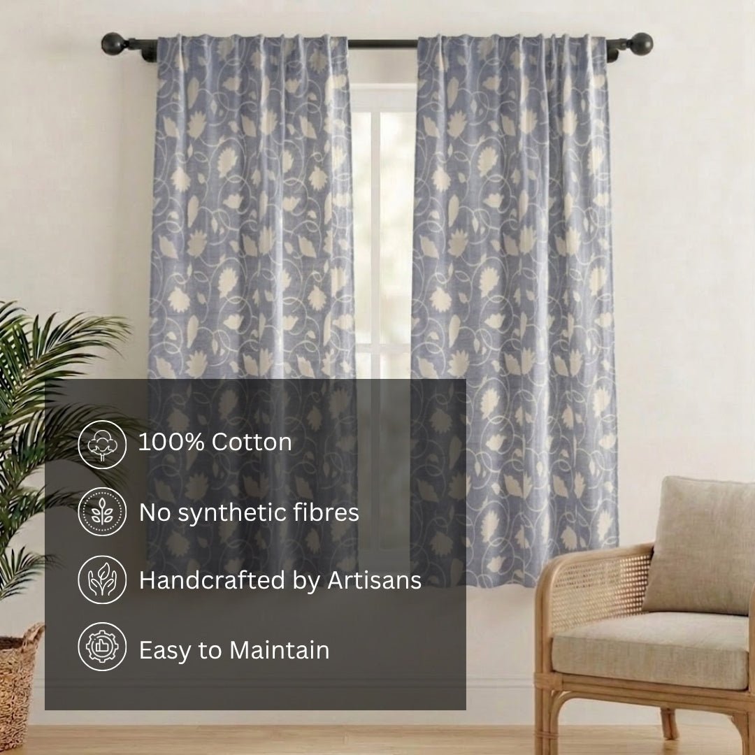 Handwoven Cotton Semi Sheer Curtain in Light Blue and Off White