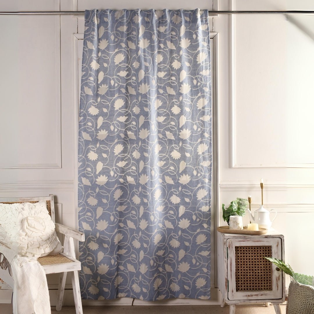 Handwoven Cotton Semi Sheer Curtain in Light Blue and Off White